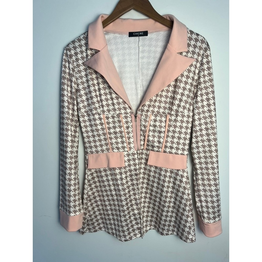 Wm Med‎ Brown Pink Houndstooth Corset Style Zip Front Blazer Top Business Chic